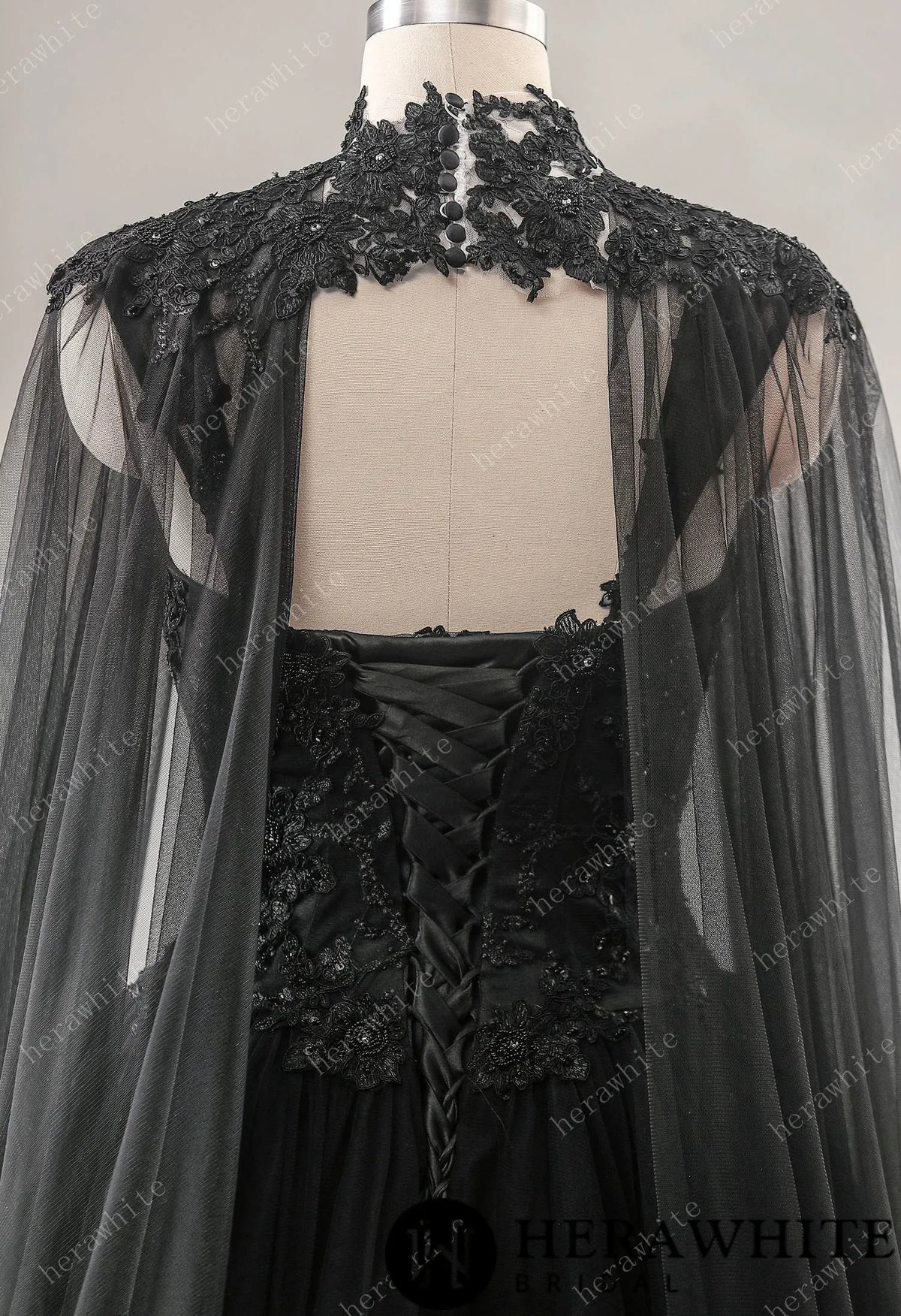 Relaxed A-Line Black Wedding Dress With Detachable Cape