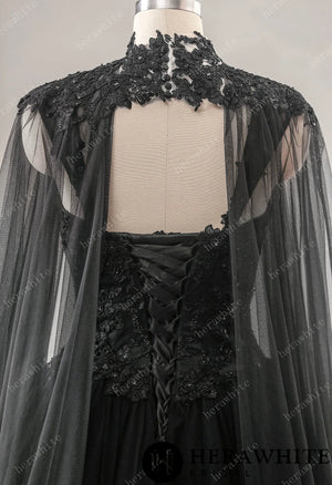 Relaxed A-Line Black Wedding Dress With Detachable Cape