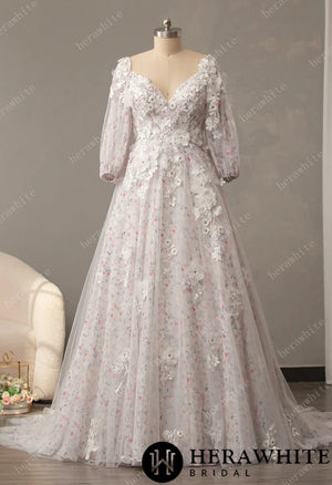 Floral 3D Lace A-Line Wedding Dress with Detachable Sleeve