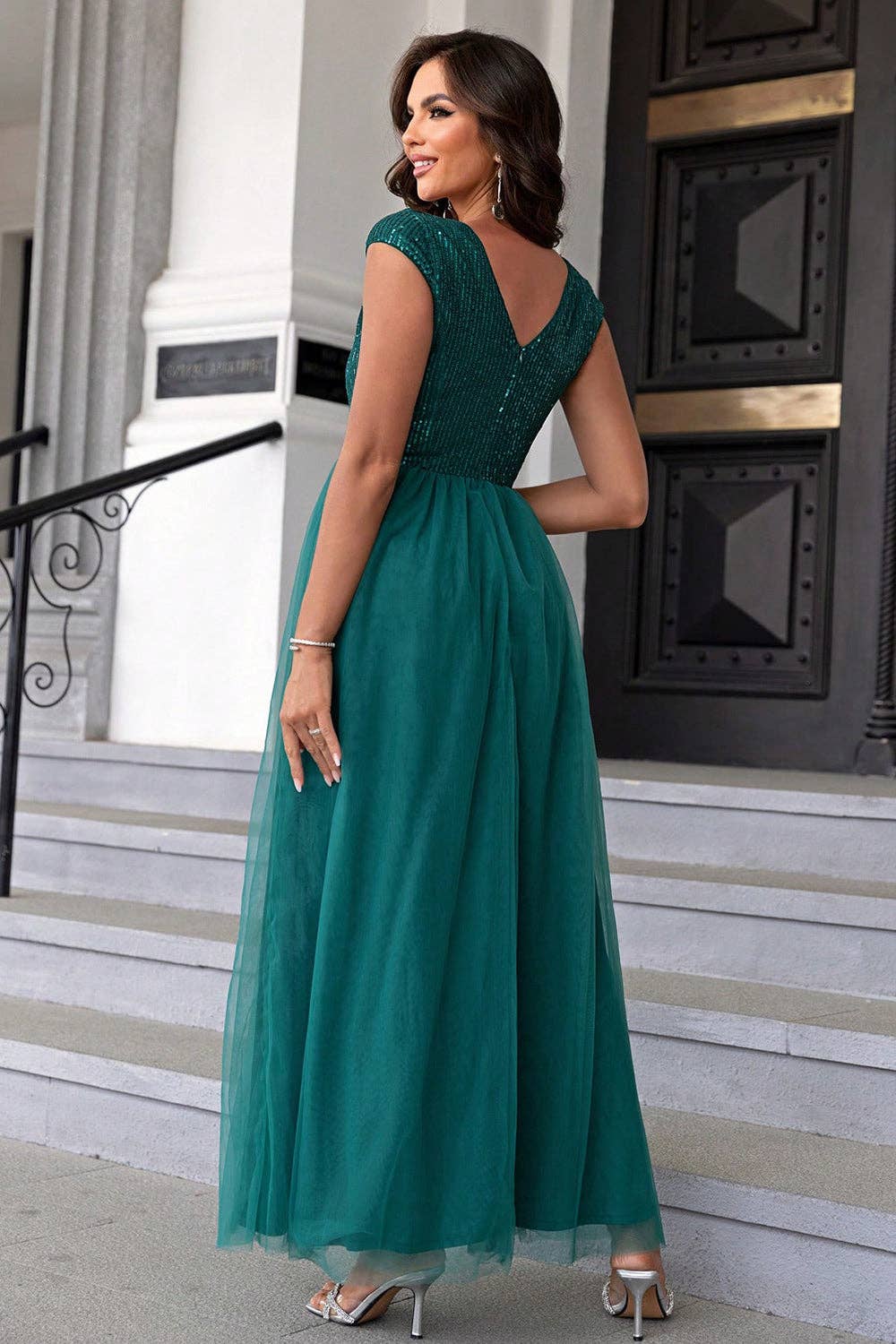 Sequin V-Neck Mesh Maxi Dress: Navy / XS