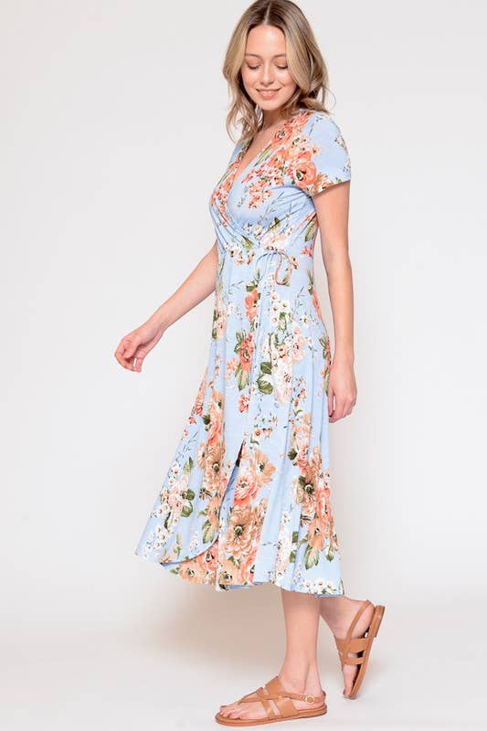 X201500D-Plus Size Floral Wrap Dress: 3X / Blue/Coral