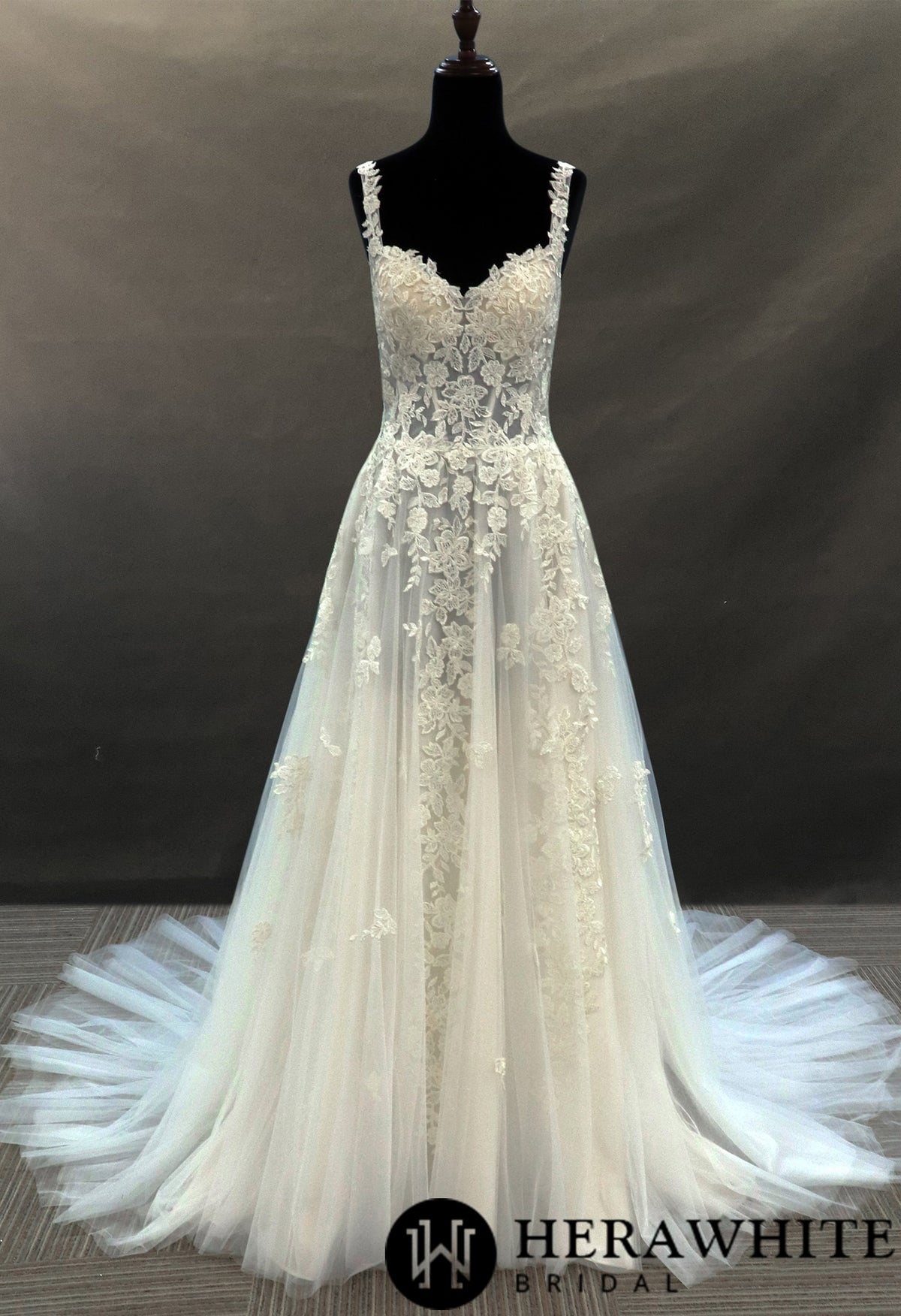 Illusion Beaded Tulle Bridal Gown With Floral Lace