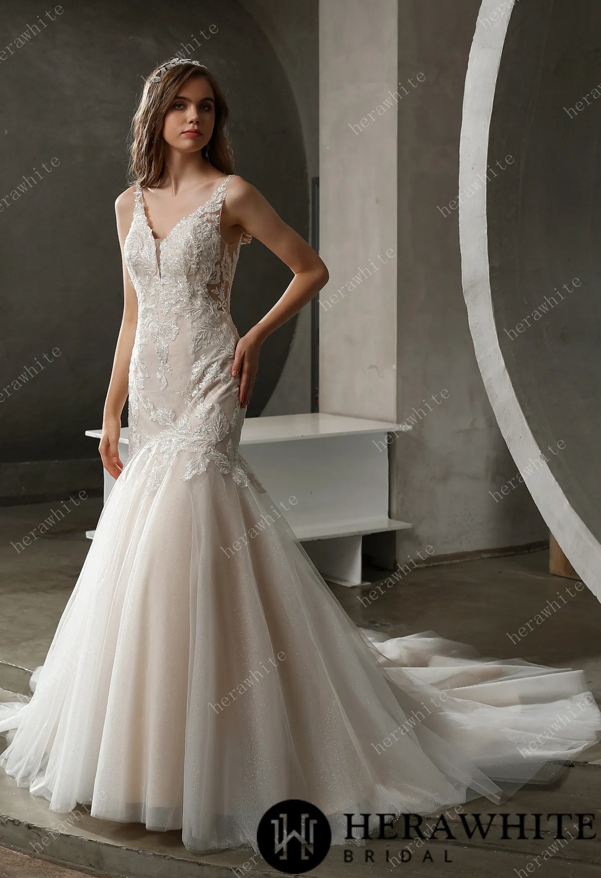 Plunging V-neck Mermaid Wedding Dress with Illusion Square Back