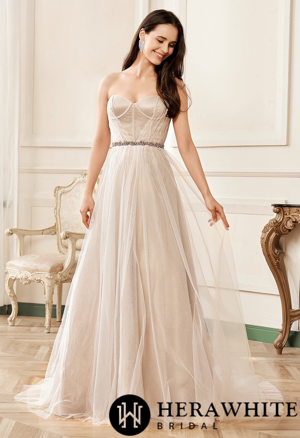 Shimmer Pink Nude Sweatheart Corset Sparkle Tulle Bridal Gown