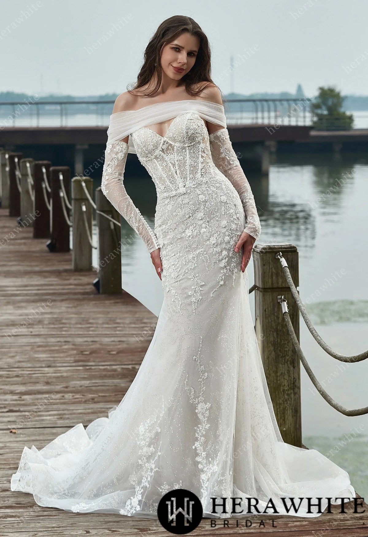Appliques Corset Lace And Long Sleeves Wedding Dress