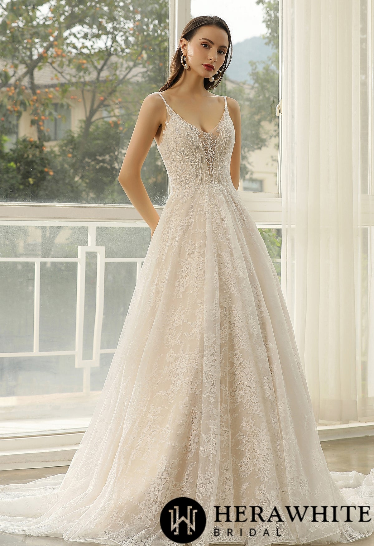 Beaded Lace A-line Wedding Dress With Spaghetti Straps