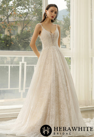 Beaded Lace A-line Wedding Dress With Spaghetti Straps