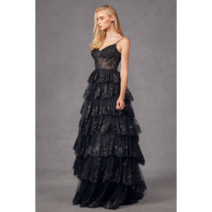 RUFFLE TULLE LACE SEQUIN BALL GOWN WITH SHEER CORSET BODICE
