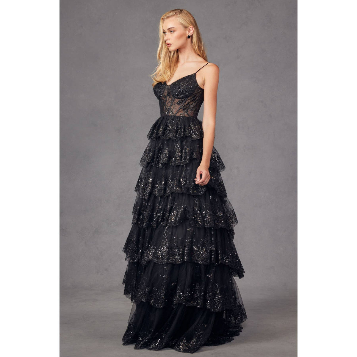 RUFFLE TULLE LACE SEQUIN BALL GOWN WITH SHEER CORSET BODICE