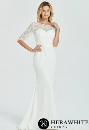 Crepe Long Sleeve Modest  Lace  Sheath Wedding Dress