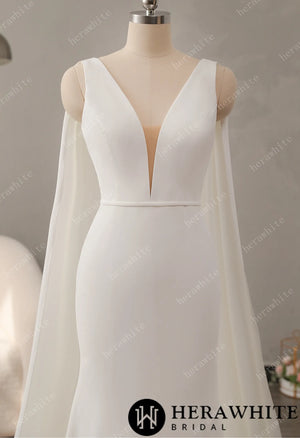 Deep V-neckline Crepe Wedding Dress with Detachable Cape