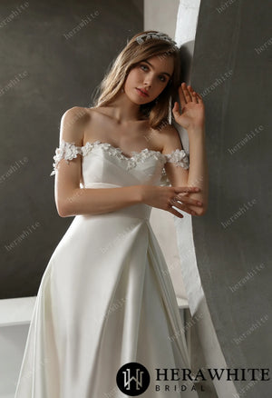 Satin Off-the-shoulder A-line Bridal Gown with Slit Skirt