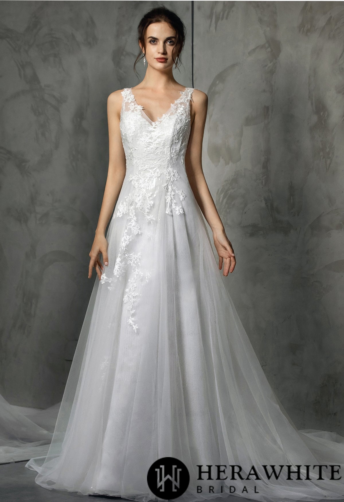 Shining V-Neck Wedding Dress With Long Tulle Train