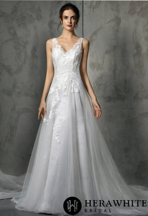 Shining V-Neck Wedding Dress With Long Tulle Train
