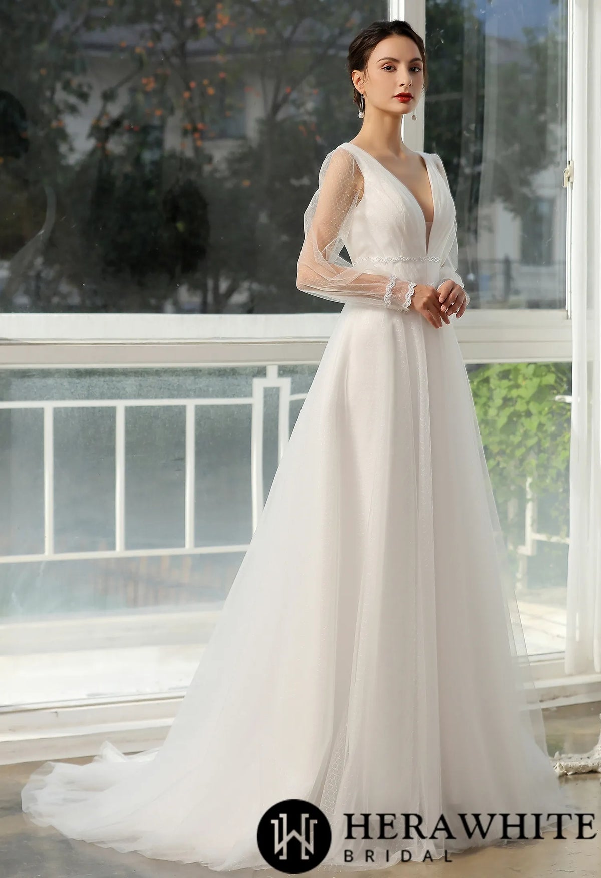 Bishop long Sleeve  Ruched Illusion V-neckline Bridal Gown