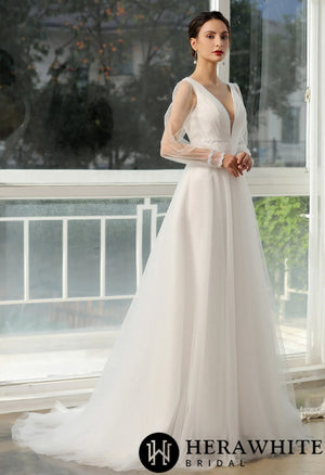 Bishop long Sleeve  Ruched Illusion V-neckline Bridal Gown