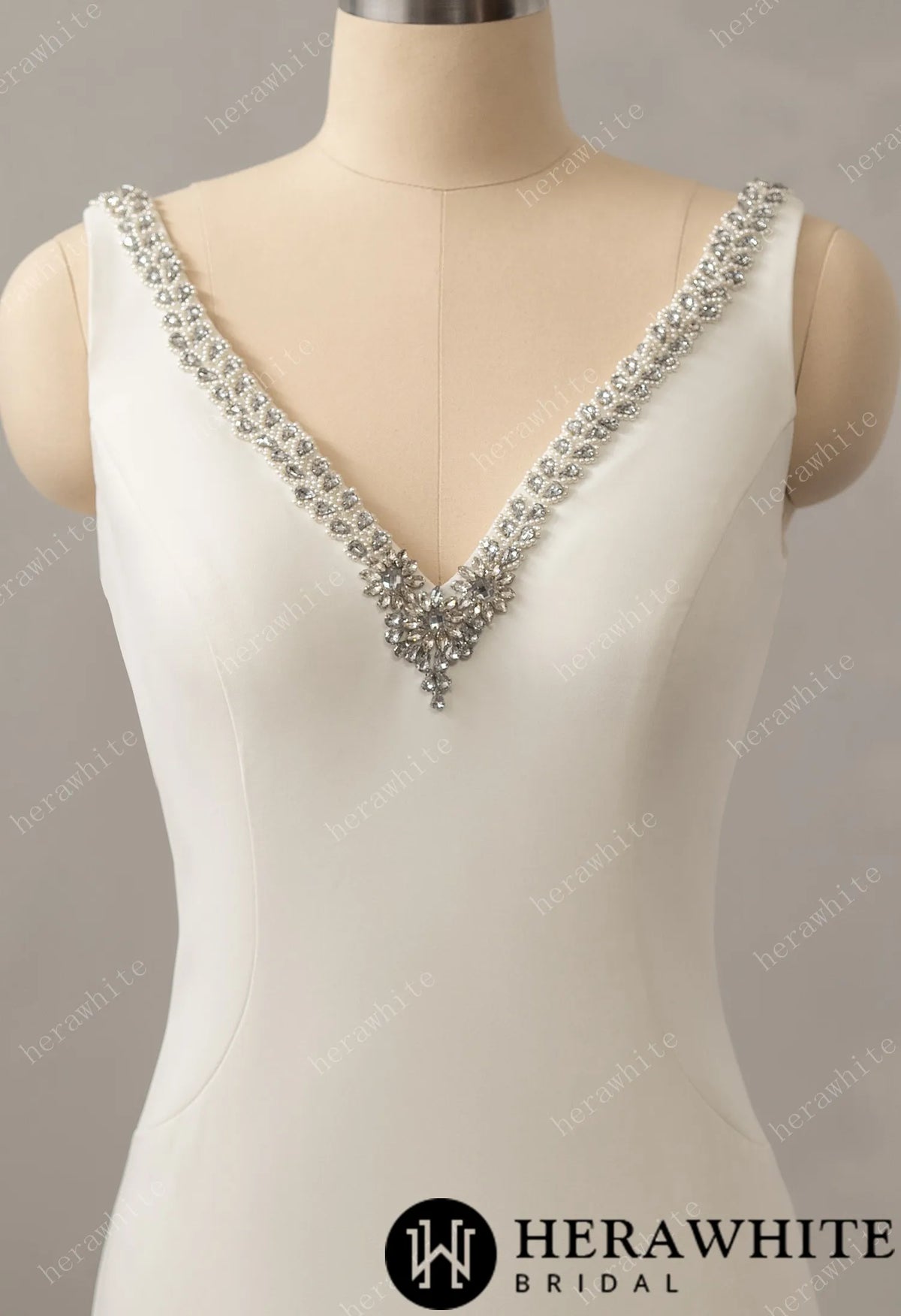 Crepe Beaded V-neck Wedding Dress with Open Back Detail