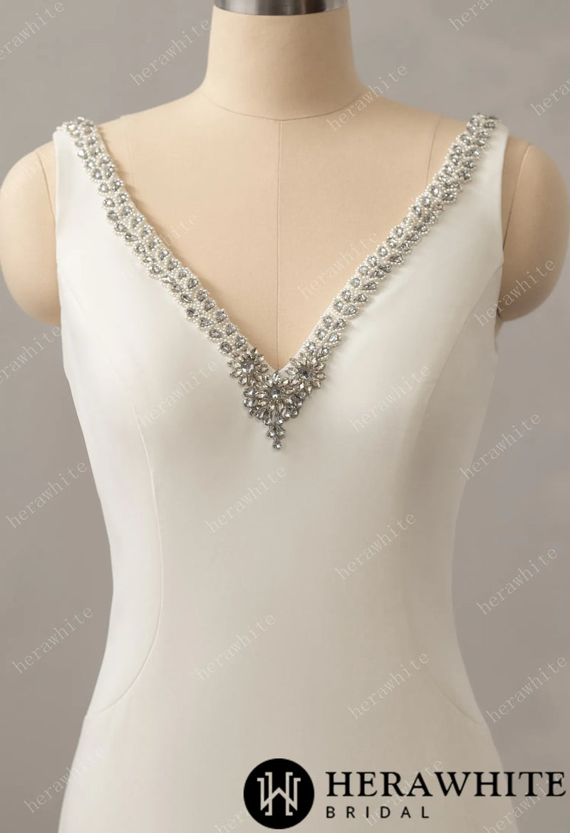 Crepe Beaded V-neck Wedding Dress with Open Back Detail