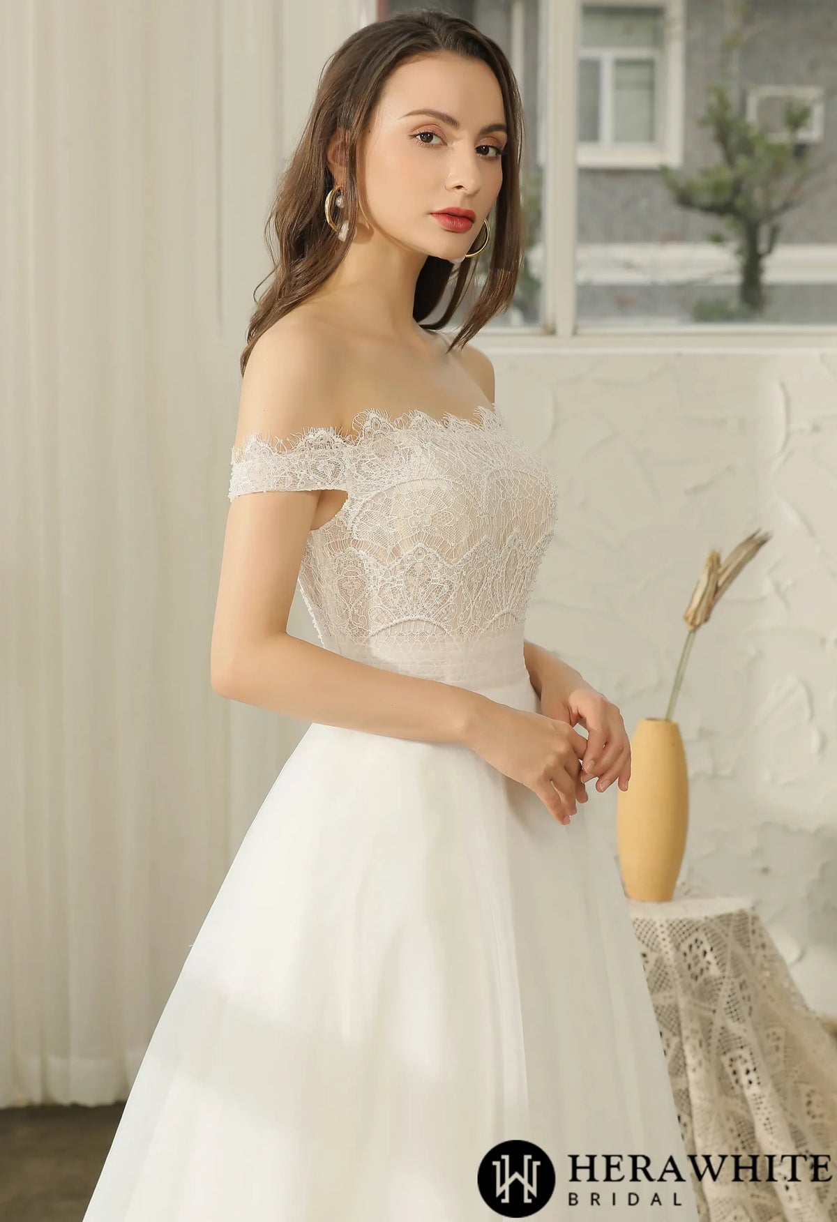 Off-The-Shoulder  Beading Lace Pleating Wholesale Wedding Dress