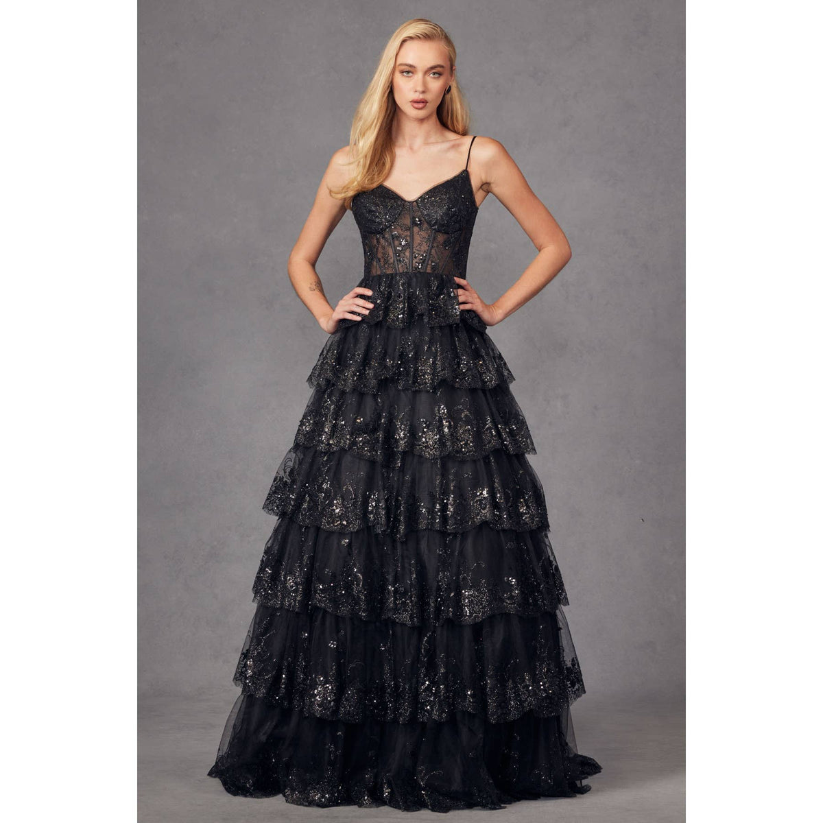 RUFFLE TULLE LACE SEQUIN BALL GOWN WITH SHEER CORSET BODICE