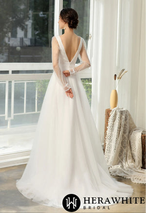 Bishop long Sleeve  Ruched Illusion V-neckline Bridal Gown
