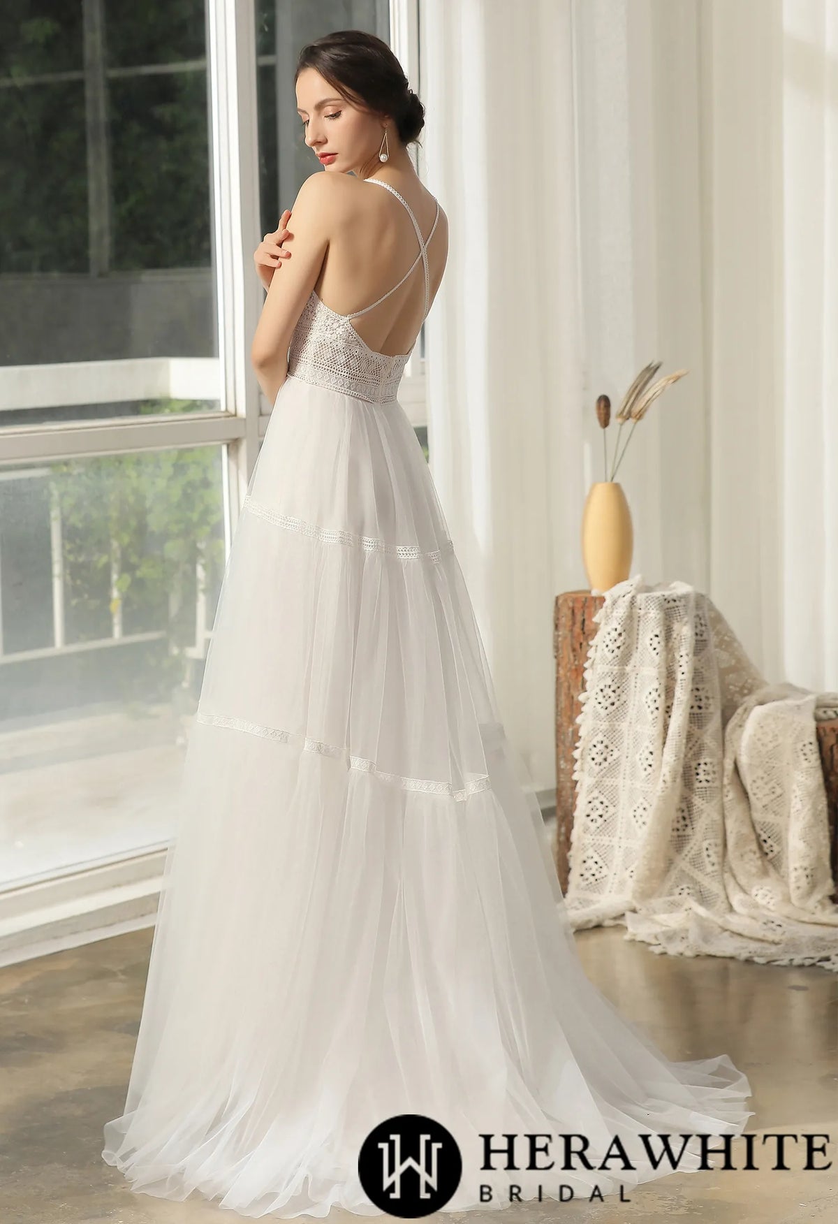 Bohemian Lace Wedding Dress With Criss-Cross Back