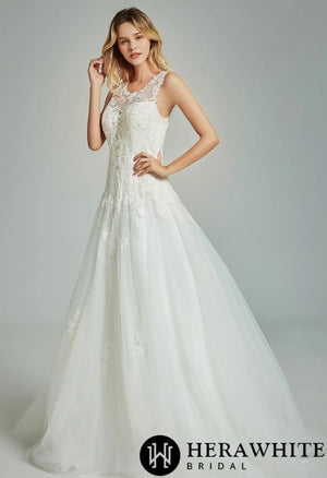 Elegant A-Line Sheer Back Bridal Gown With Appliques