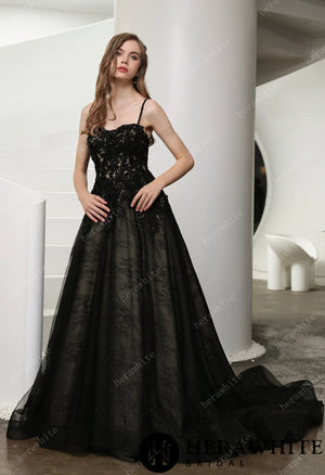 Black Illusion Lace Wedding Dress with Detachable Long Sleeves