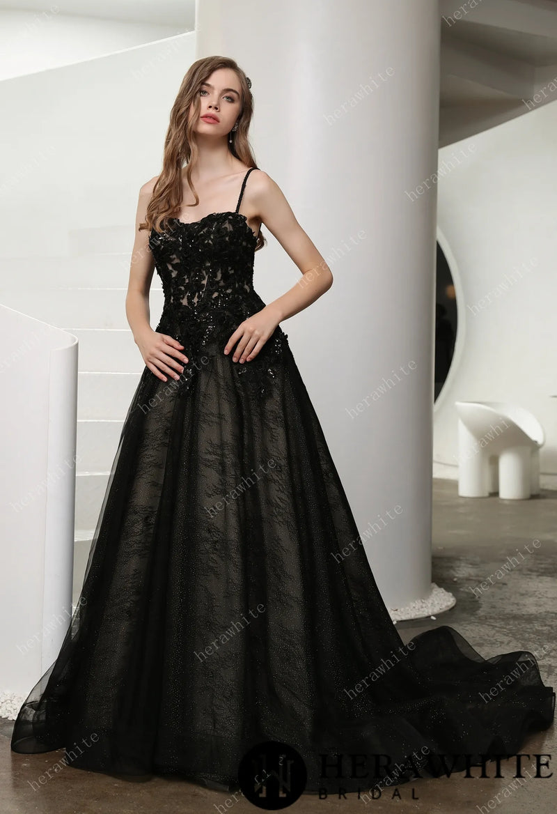 Black Illusion Lace Wedding Dress with Detachable Long Sleeves