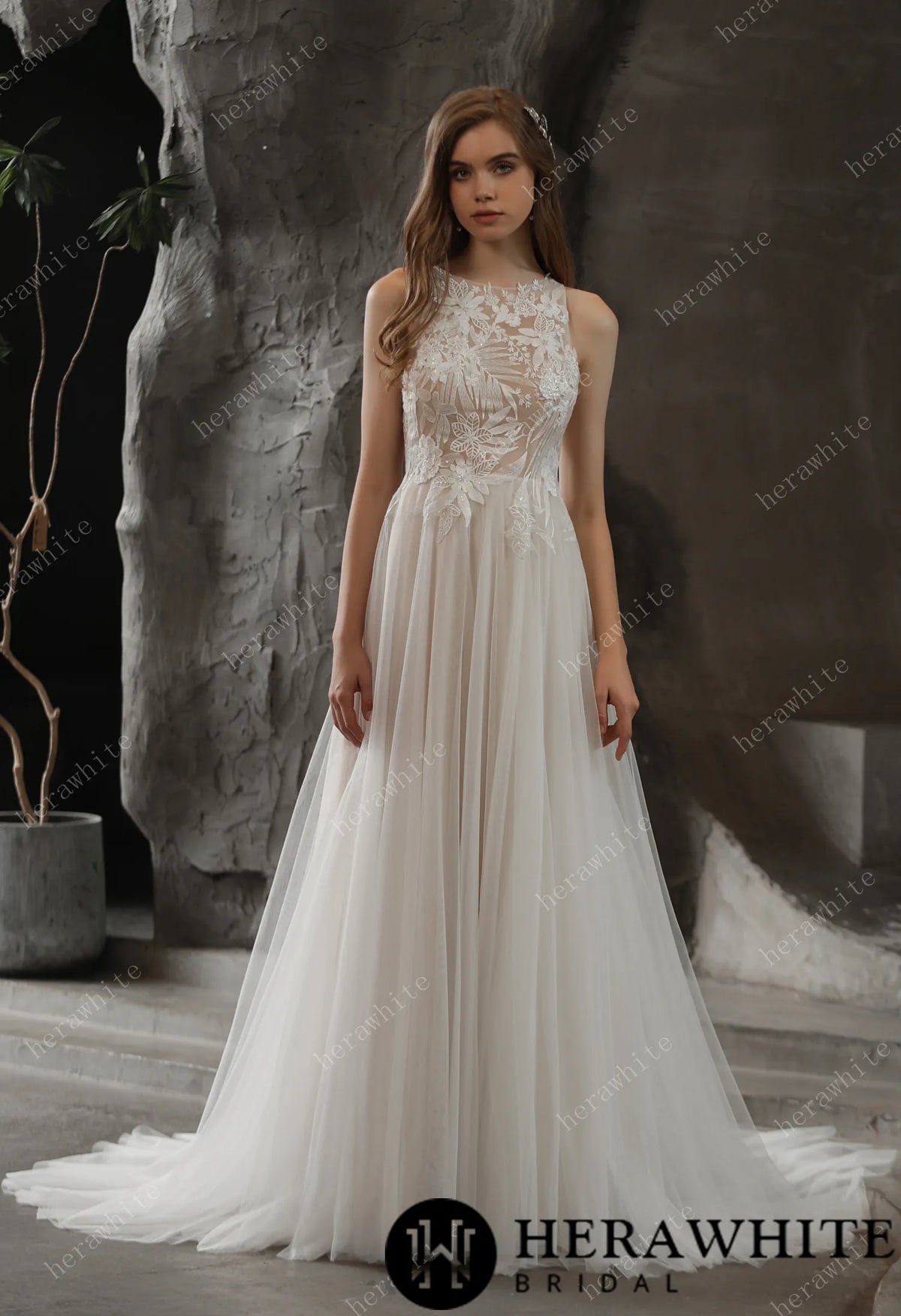 Bateau Neckline A-line Wedding Gown with Sequined Lace