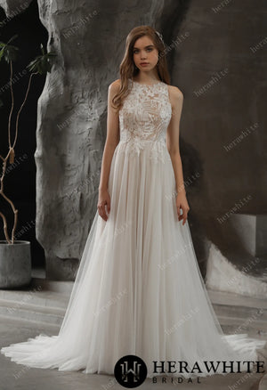 Bateau Neckline A-line Wedding Gown with Sequined Lace