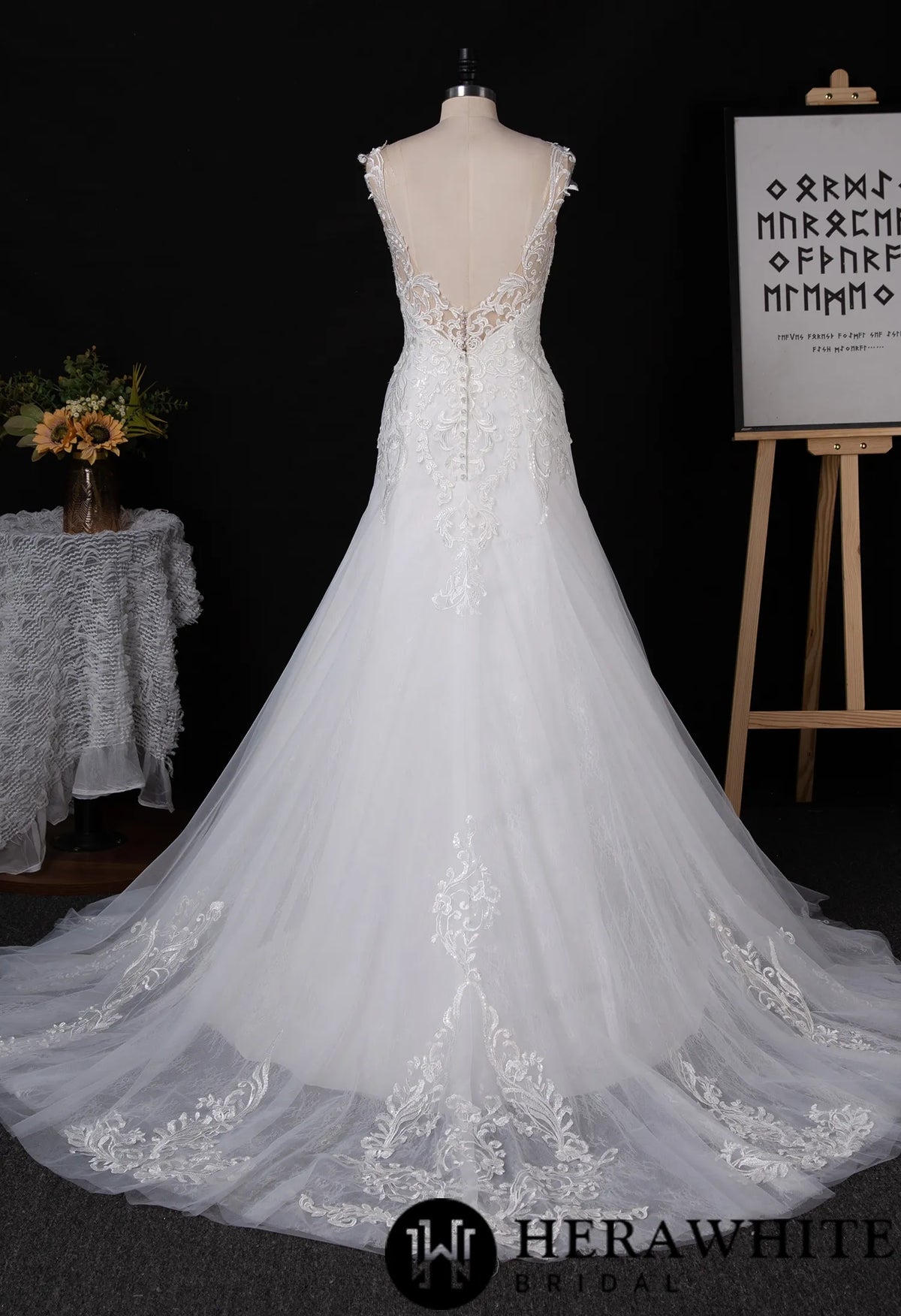 Illusion Plunging V-neckline Lace Wedding Dress With Open Back