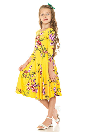 Girl's Princess Seam A-Line Dress with Full Skirt: MUSTARD FLORAL / M (7/8Y)