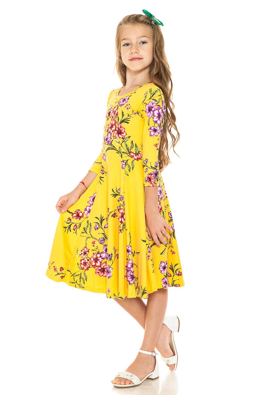 Girl's Princess Seam A-Line Dress with Full Skirt: MUSTARD FLORAL / L (9/10Y)