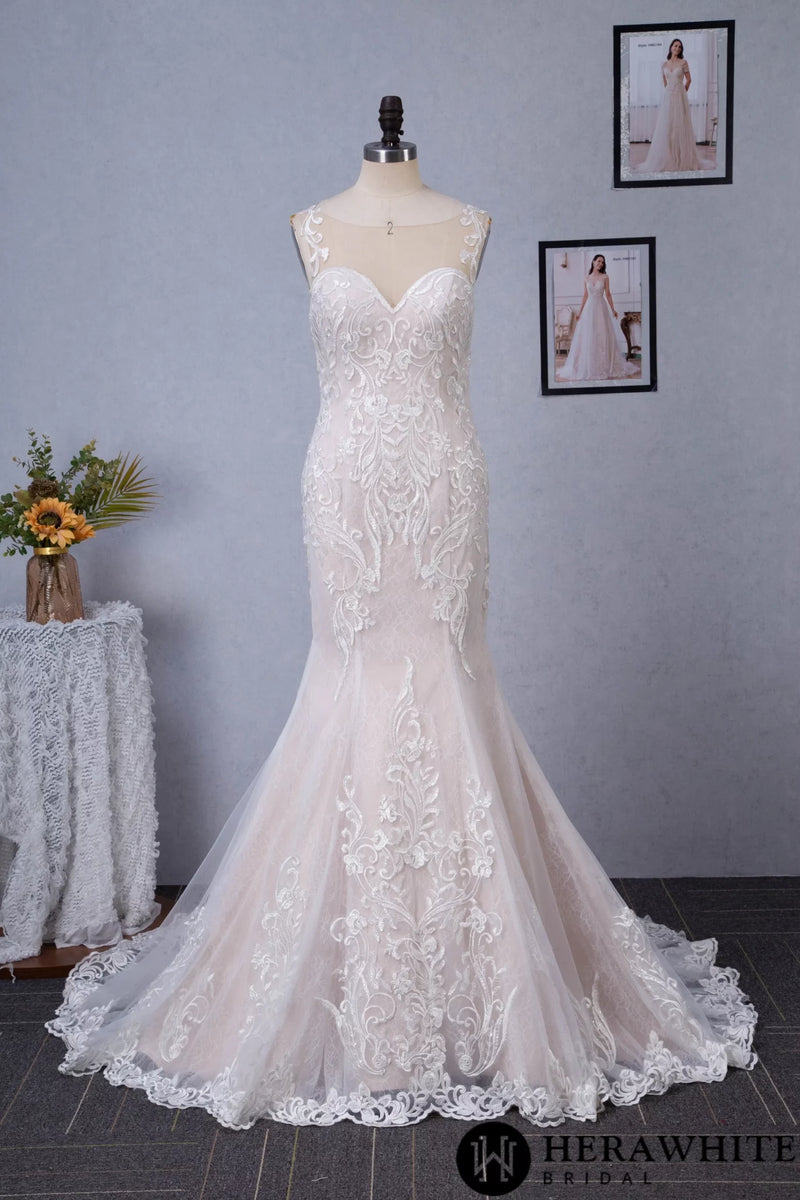 Blush Illusion Neckline Lace Appliques Mermaid Wedding Dress