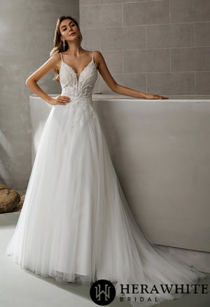 Beaded Straps V-neck Lace A-line Long Wedding Dress
