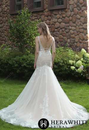 Plunging Sweetheart Beaded Mermaid Gown With Double Band