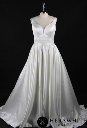 Classic V-Neck Wedding Dress With Princess Silhouette and Beaded Belt
