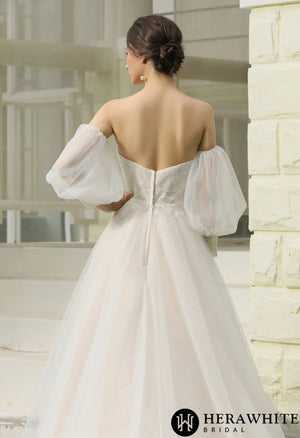 Classic A-Line Strapless Bridal Gown With Detachable Bishop Sleeves