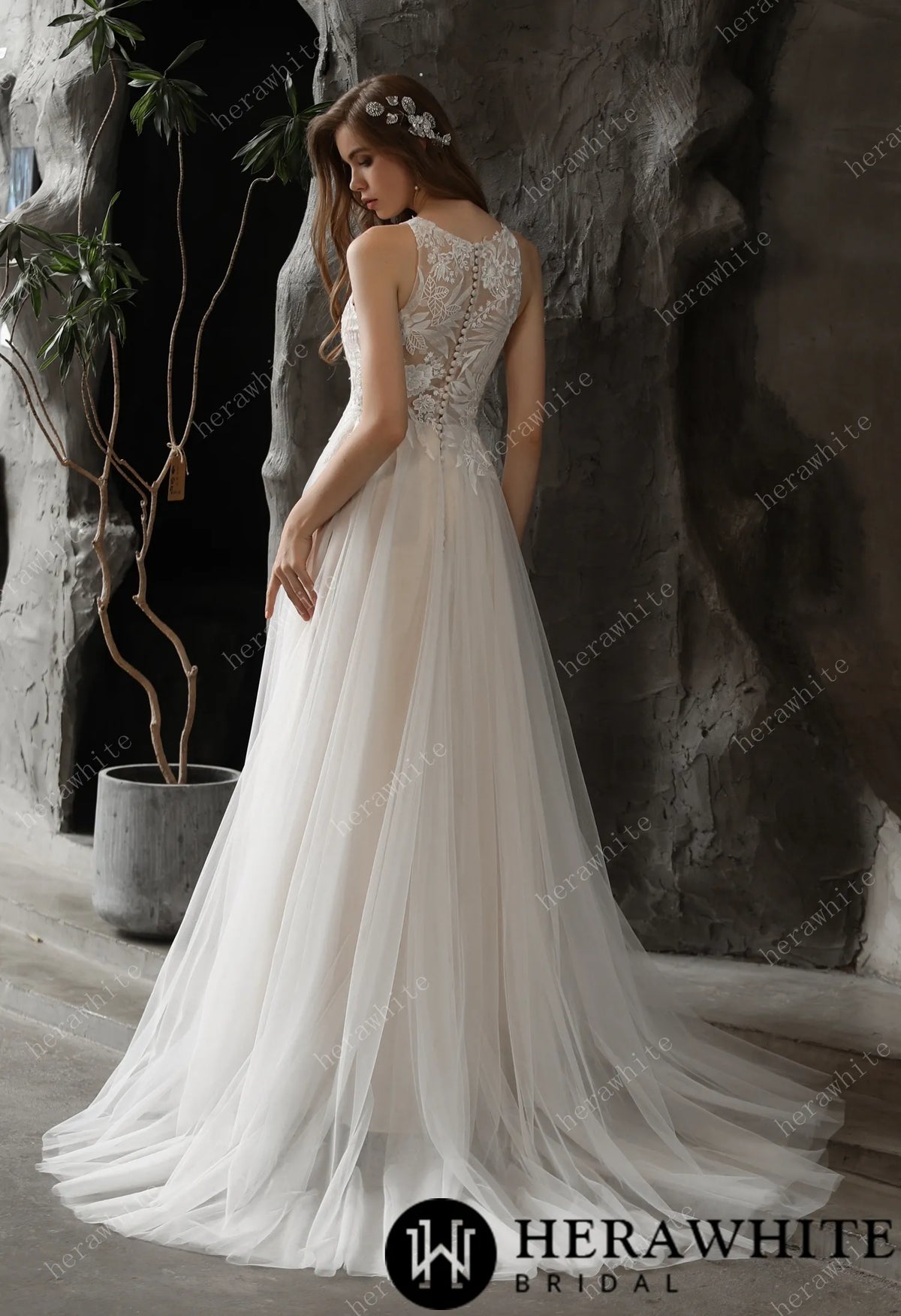 Bateau Neckline A-line Wedding Gown with Sequined Lace