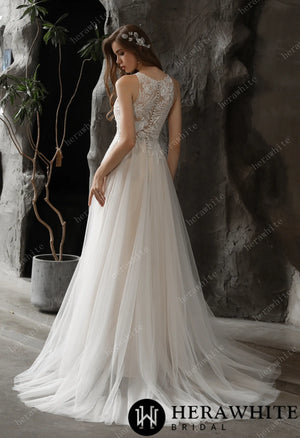 Bateau Neckline A-line Wedding Gown with Sequined Lace