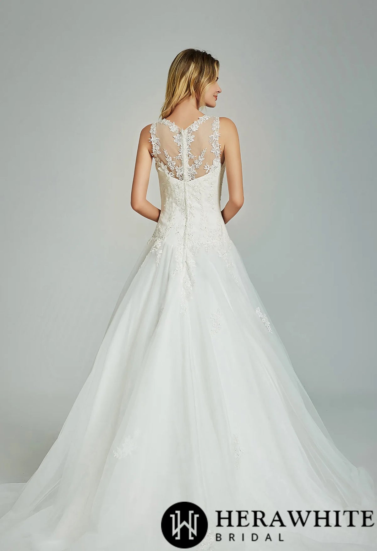Elegant A-Line Sheer Back Bridal Gown With Appliques