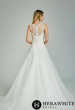 Elegant A-Line Sheer Back Bridal Gown With Appliques