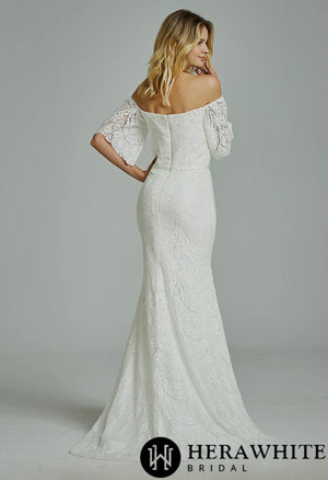 Floral Lace Off-the-shoulder  Sheath Wedding Dress