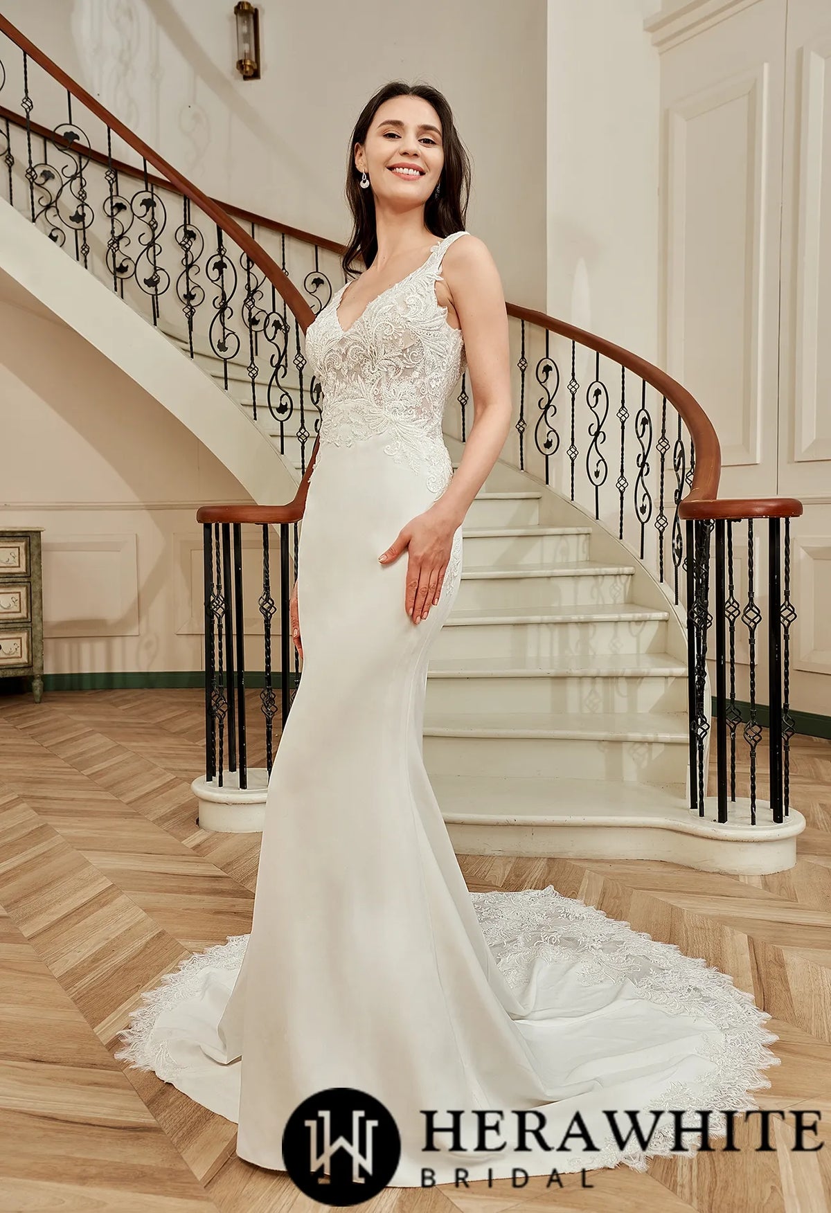 Motifs Crepe Sheath Shaped Court Lace Train Wedding Dress