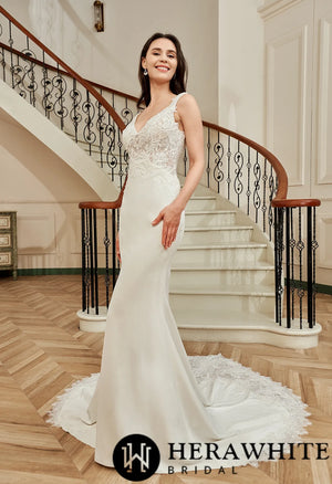 Motifs Crepe Sheath Shaped Court Lace Train Wedding Dress