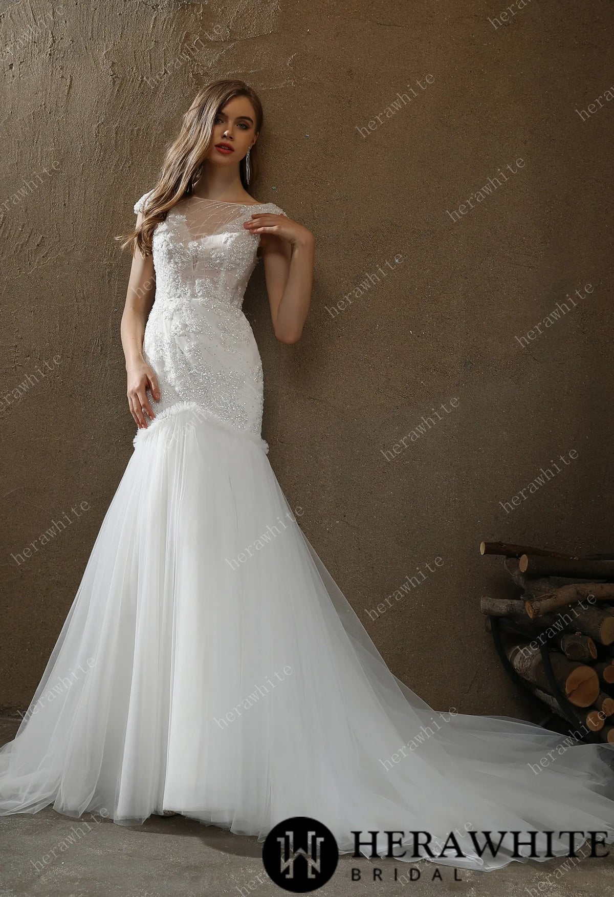Illusion Bateau Neckline Beaded Mermaid Wedding Dress