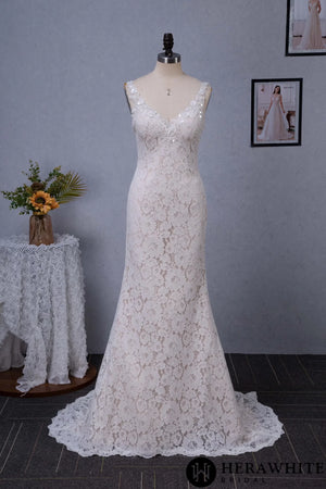 Fit and Flare V-neck Chapel Train Allover Lace Wedding Dress
