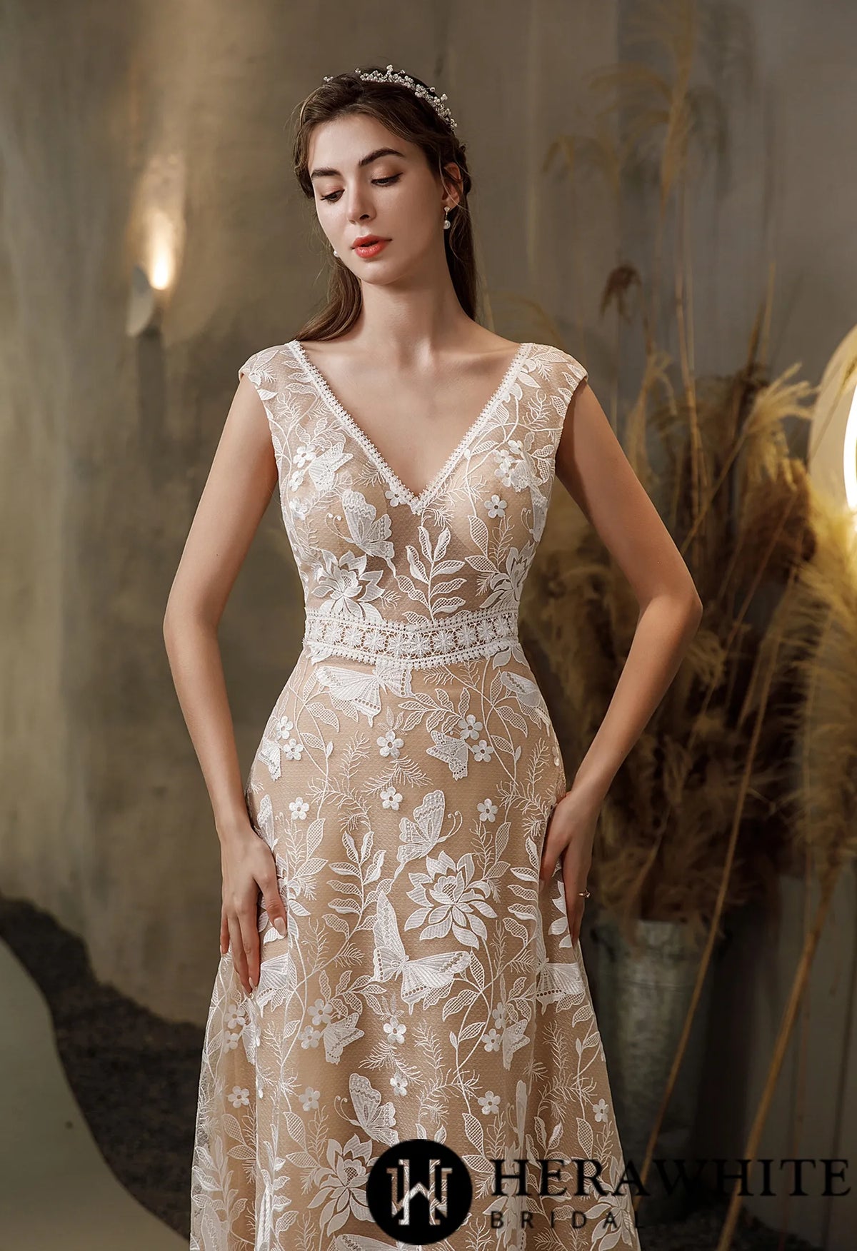 Luxurious Boho Illusion Lace Cap Sleeve Wedding Dress