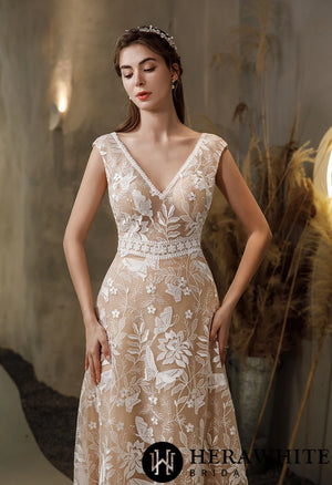 Luxurious Boho Illusion Lace Cap Sleeve Wedding Dress